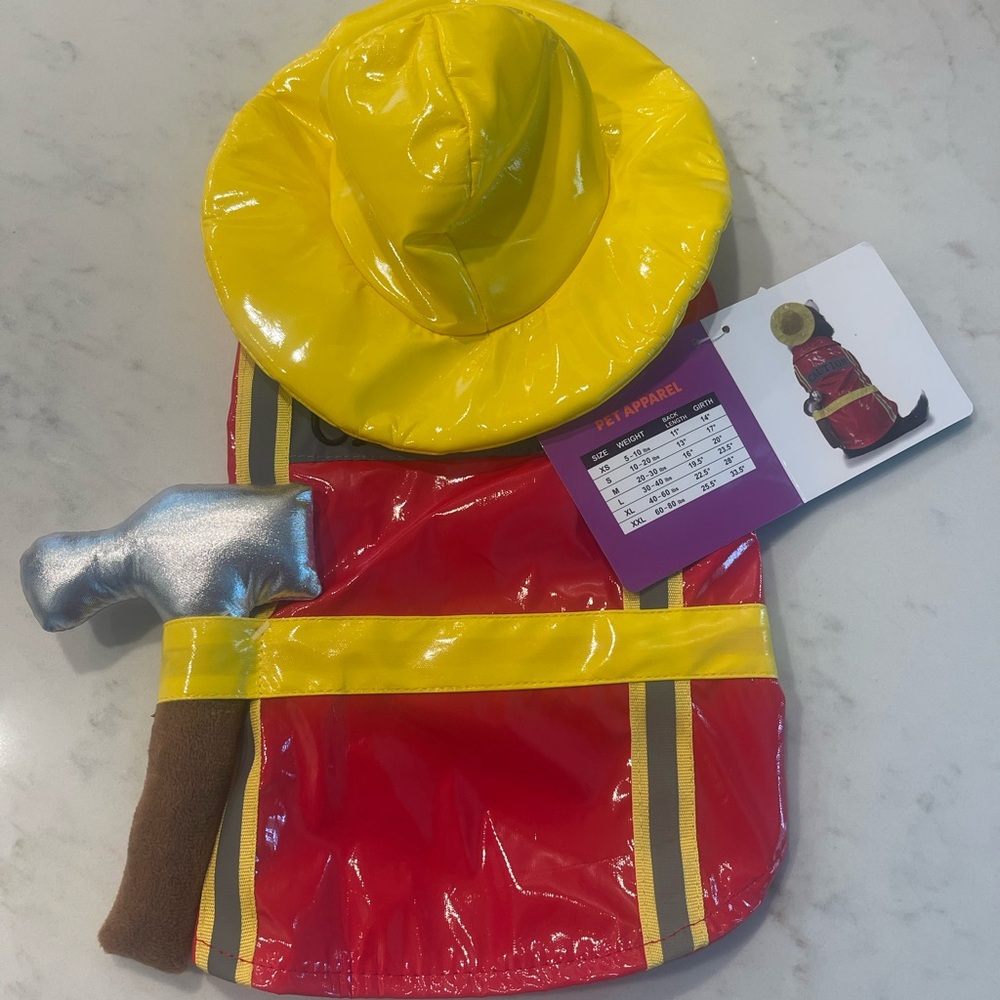 Pet Firefighter Halloween Costume Hat, Vest & Hammer Red and Yellow Size XS